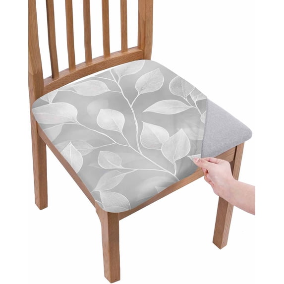 Silver Gray Leaves Chair Seat Covers for Dining Room Stretch Chair Seat Covers Set of 4, Vintage Abstract Branch Botanical Chair Seat Protector Cushion Slipcovers for Kitchen Restaurant Office