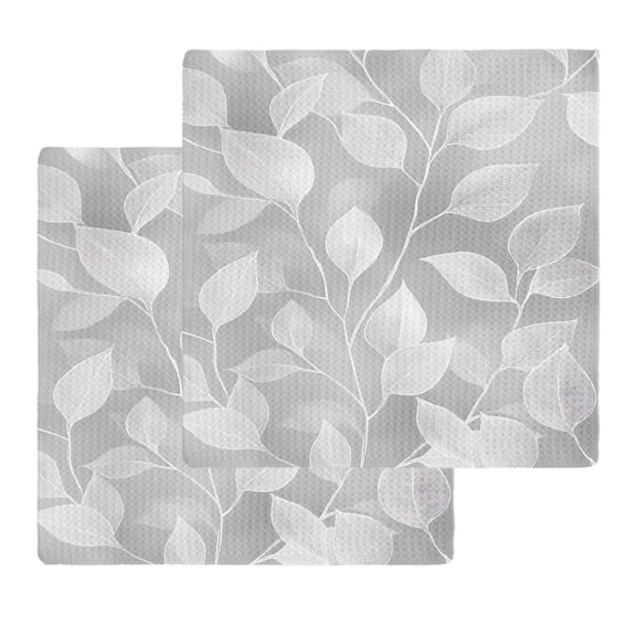 Silver Gray Leaves Kitchen Dish Towels for Drying Dishes Set of 2, Vintage Abstract Branch Botanical Waffle Weave Microfiber Hand Tea Bathroom Towels Quick Dry & Absorbent Towel 12x12