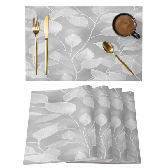 Silver Gray Leaves Placemats Set of 2, Cotton Linen Fabric Place Mats, Vintage Abstract Branch Botanical Washable Decorative Table Mats Protector for Home Kitchen Dining Wedding Party Coffee Tables