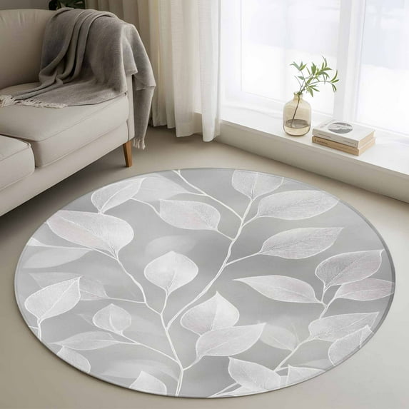 Silver Gray Leaves Round Area Rug 4 FT, Non Slip Indoor Outdoor Rug, Vintage Abstract Branch Botanical Washable Soft Circular Carpet Non-Shedding Floor Mat for Coffee Table Nursery Foyer Balcony