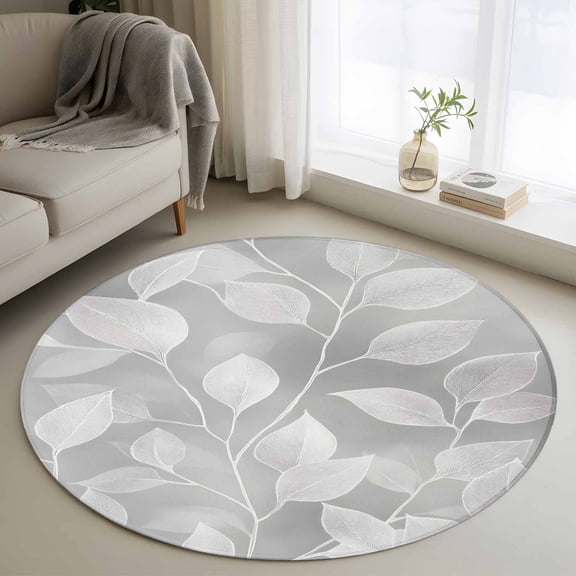 Silver Gray Leaves Round Rug 3ft Washable Circle Entryway Rugs Non Slip Vintage Abstract Branch Botanical Area Rug Indoor Floor Carpet for Bedroom Kitchen Living Room Home Office Dining Room Nursery