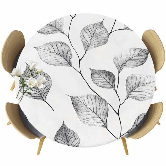 Silver Gray Leaves Round Tablecloth 36-44 Inch Round Fitted Table Cloth with Elastic Edge, Retro Rustic Botanical Branches Waterproof Table Cover Protector for Outdoor Picnic Party Dining