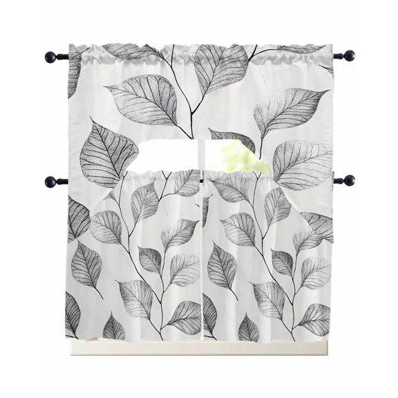Silver Gray Leaves Swag Curtains for Living Room/Bedroom Windows, Retro Rustic Botanical Branches Kitchen Curtains and Valances Set 36 Inch Length, Light Filtering Swags Valance Curtain Panels