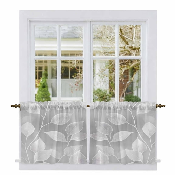 Silver Gray Leaves Tier Curtains, Vintage Abstract Branch Botanical Light Filtering Kitchen Curtains, 2Pcs Rod Pocket Half Window Treatments Panels for Sink Cafe Cabinet Camper 27.5x24 Inches