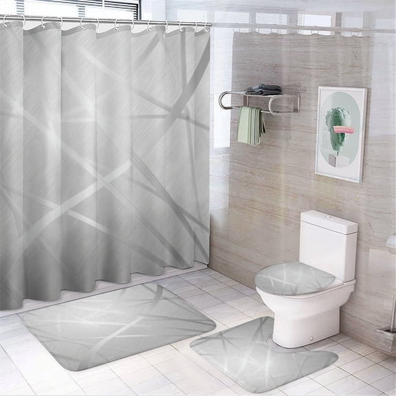 Silver Gray Lines Shower Curtain 4 Piece Sets with Non-Slip Rugs Toilet Lid Cover And Bath Mat White And Gray Wavy Lines Waterproof Fabric Bath Curtains for Bathroom Decor Sets