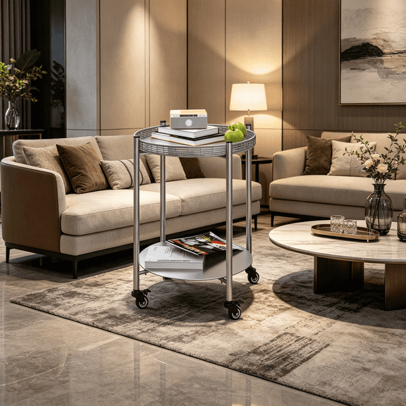 Silver Gray Metal Coffee Table on Casters, Movable 2-Shelf Nightstand with Wheels