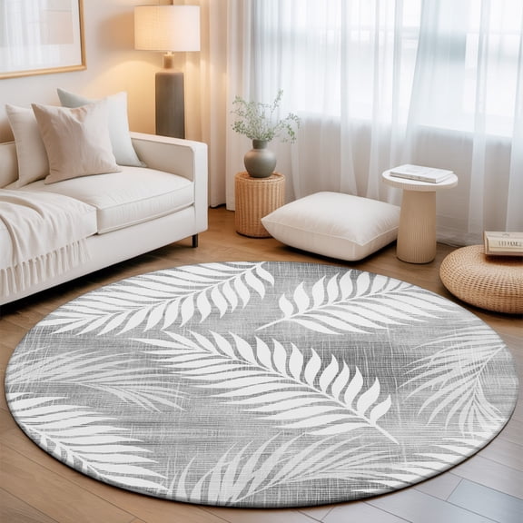 Silver Gray Small Round Rug 3Ft Slate Gray Leaf Plant Canvas Weave Texture Area Rugs Washable Non Slip Indoor Floor Mats Circle Carpet for Living Room Bedroom Dining Room Home Decor