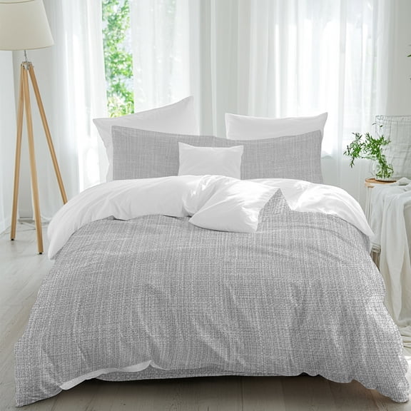 Silver Gray Solid Queen Duvet Cover Set, Minimalist Cloth Cool Gray Linen Texture Industrial 4 Piece Microfiber Bedding Set with Zipper Closure, Bed Sheet and 2 Pillow Shams, Soft Bedding Cover