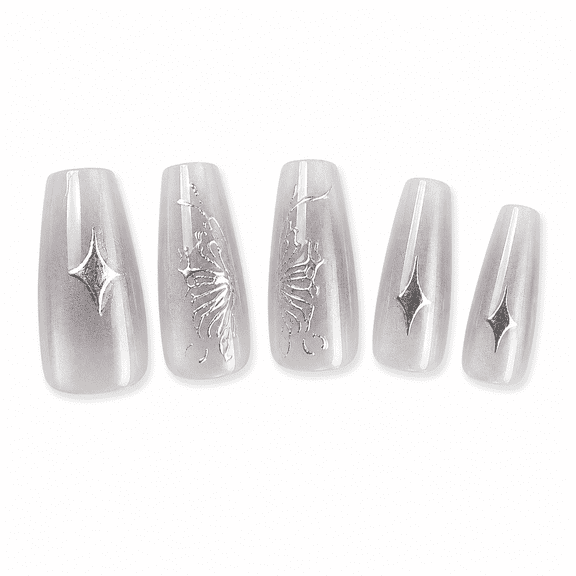 Silver Gray Star Press on Nails, Medium Square Cat Eye Glossy False Nails, 30 Count
