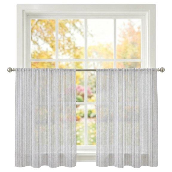 Silver Gray Striped Sheer Curtains 45 Inches Long 2 Panels, Modern Vertical Stripes Linear Textures Semi Sheer Rod Pocket Window Curtains Light Filtering Drapes for Living Room Bedroom