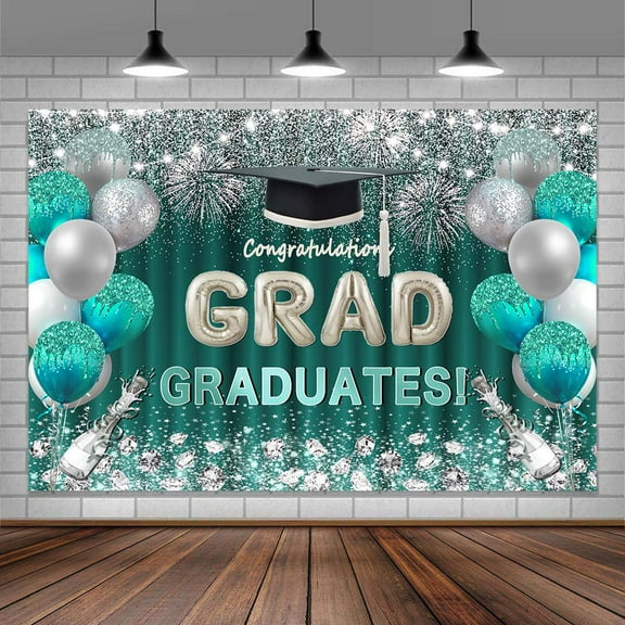 Silver Green Graduation Backdrop, Sparkling Balloon Fireworks Bachelor Cap Class of 2025 Congrats Grad Photography Background, Congrats Grad Senior Prom Party Decorations Photo Studio Props 12x8ft