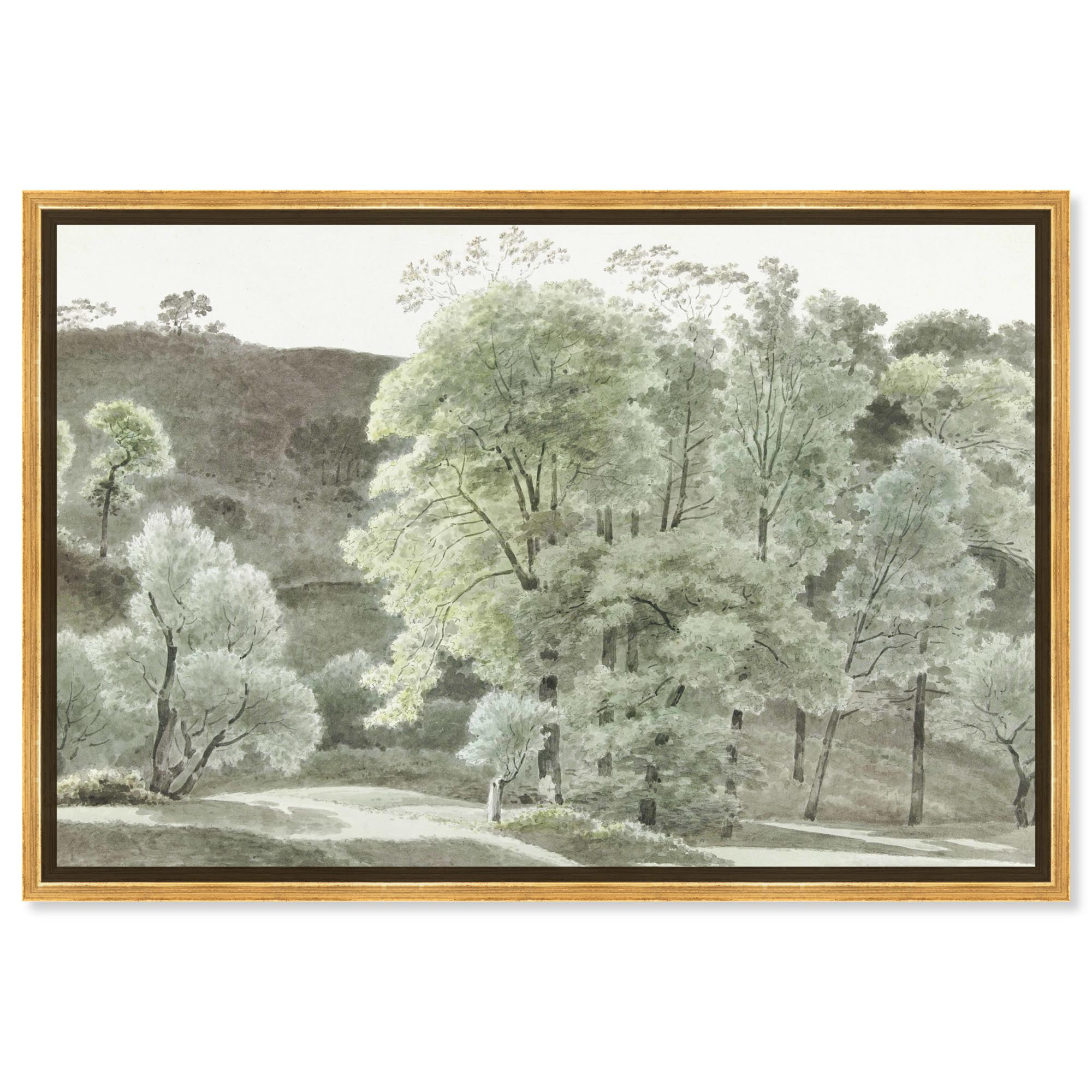 Silver Green Trees Landscape Canvas Print with Gold Frame