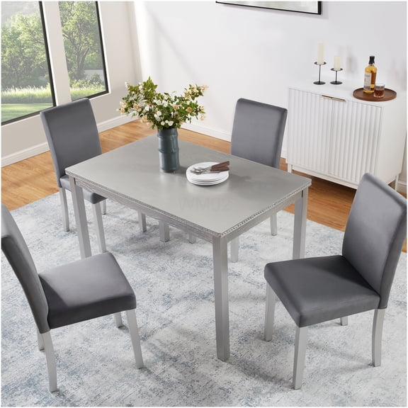 Silver Grey 5-Piece Dining Set with Crystal Accent Table and Upholstered Chairs for Kitchen and Dining Room