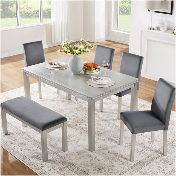 Silver Grey 6-Piece Dining Table Set with Crystal Accents, Upholstered Chairs and Bench for Kitchen and Dining Room, Rectangular Table for 6 Seating