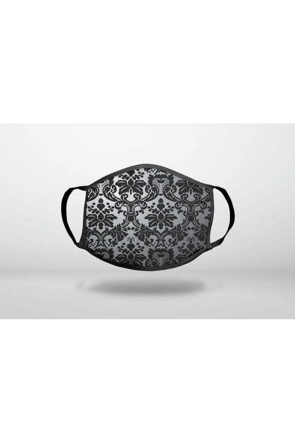 Silver Grey Black Damask - 3-Ply Reusable Soft Cloth Face Covering, Unisex, Cotton Inner Layer