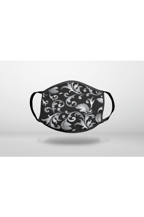 Silver Grey Black White Floral - 3-Ply Reusable Soft Cloth Face Covering, Unisex, Cotton Inner Layer