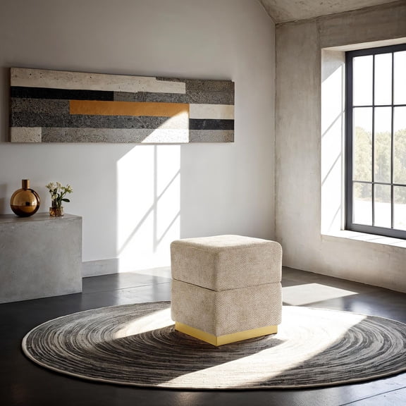 Silver Grey Chenille Cube Accent Stool with Gold Stainless Steel Base - Living Room Storage | 15"W x 19"H