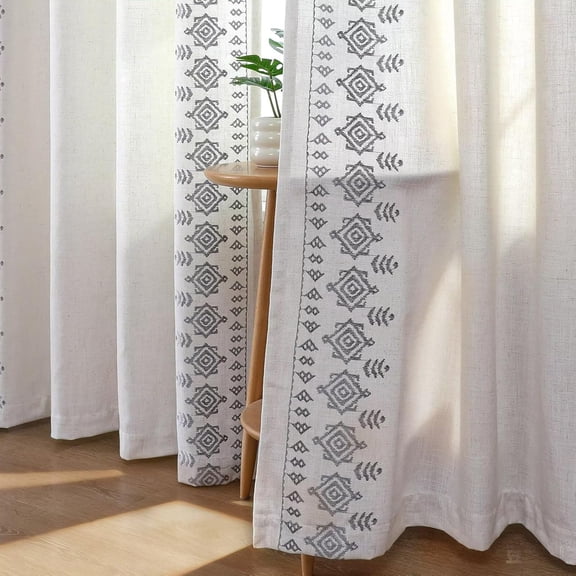 Silver Grey Embroidered Linen Curtains 2 Panel Set 90" L x 50" W - Boho Patterned Light Filtering Cottage Drapes with Back Tab & Rod Pocket for Living Room & Bedroom