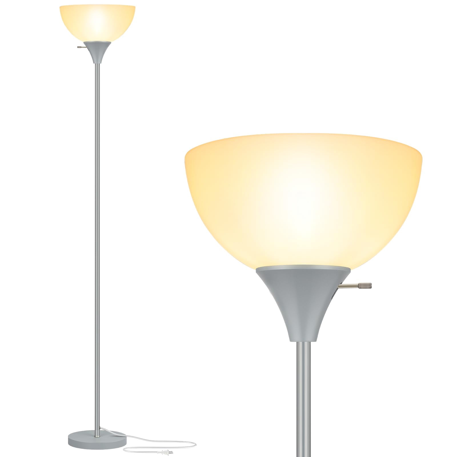 Silver Grey Floor Lamp with White Plastic Shade, Corner Light for Living Room Bedroom
