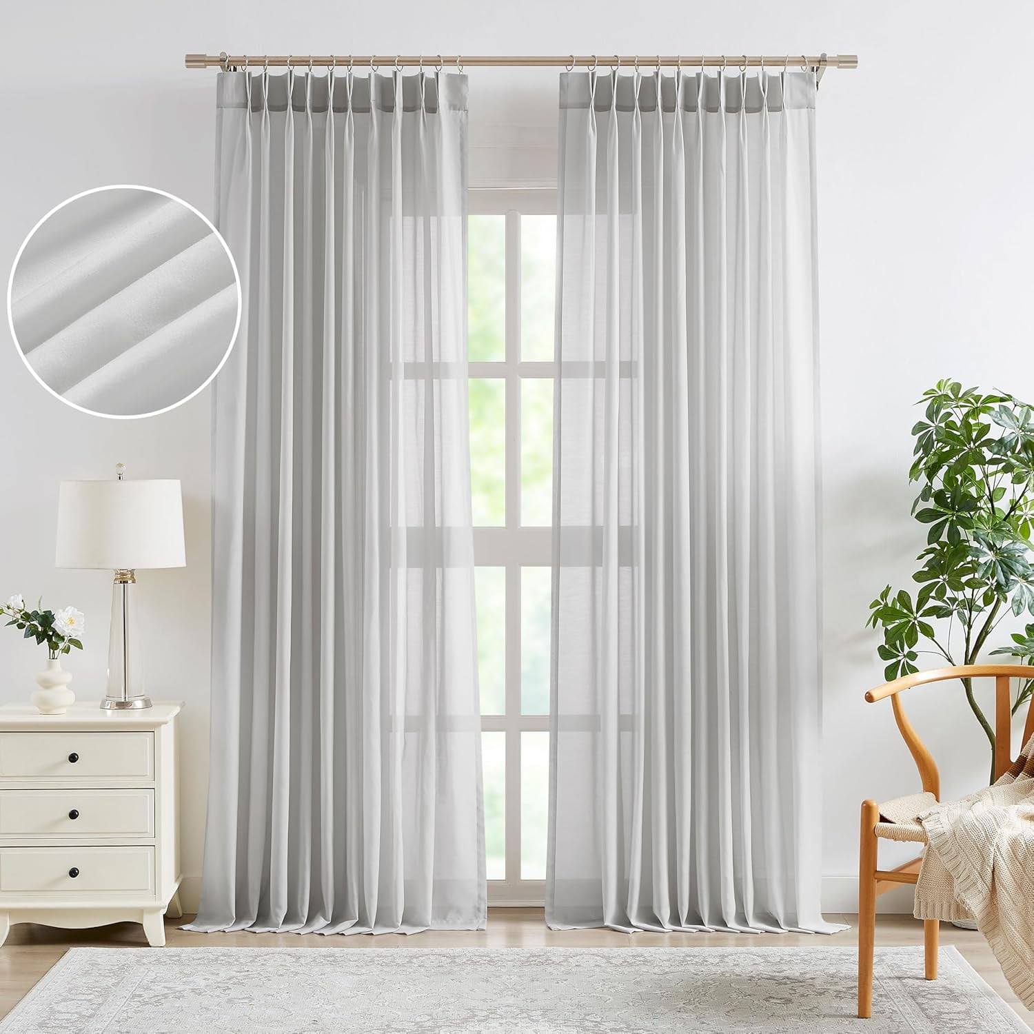 Silver Grey Pinch Pleated Sheer Window Curtain Panels for Living Room