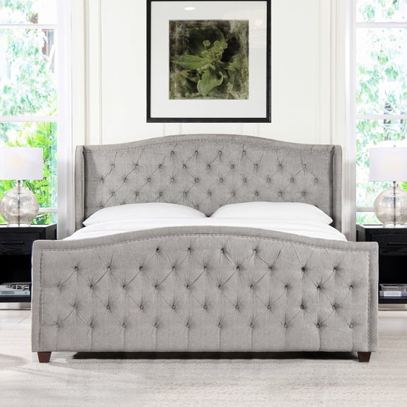 Silver Grey Upholstered King Bed With Base, Headboard High Foam Filled Elegant Headboard,