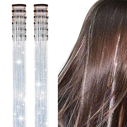 Silver Hair Tinsel Clip in 12Pcs 19.6Inch Tinsel Hair Extensions Clip