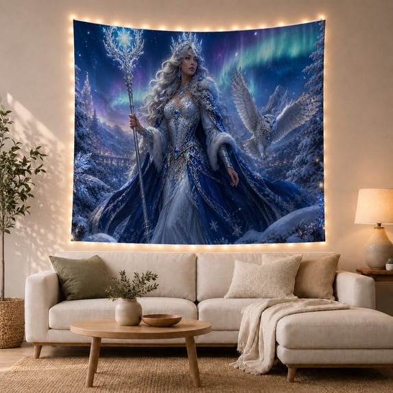 Silver-Haired Ice Queen under an Aurora, Mystical Fantasy for Fantasy Art Lovers, Winter Kingdom Decor, Christmas Gift, Tapestry Wall Hanging for Bedroom and Living Room