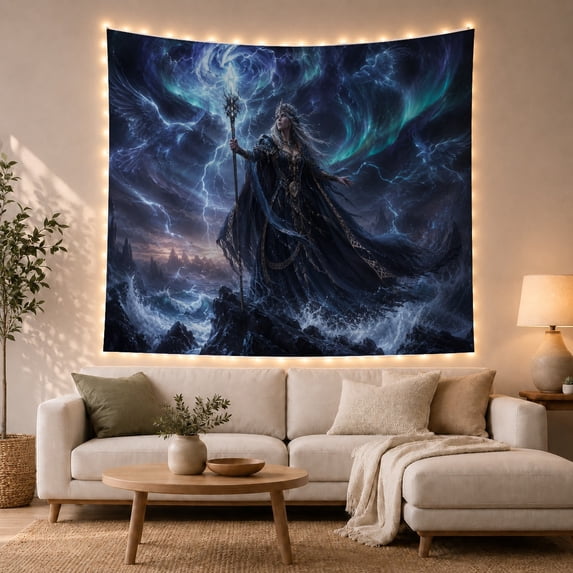 Silver-Haired Sorceress on Stormy Shore under Teal Aurora, Mystical Fantasy for Magic Fans, Coastal Wall Art, Housewarming Gift, Tapestry Wall Hanging for Bedroom and Studio