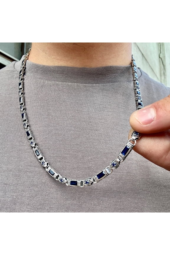 Silver Hand-Engraved Blue Gemstone Chain, Byzantine Chain Necklace, Men Gemstone Link Chain, King Chain Necklace, Perfect Men Gift, 925 Silver