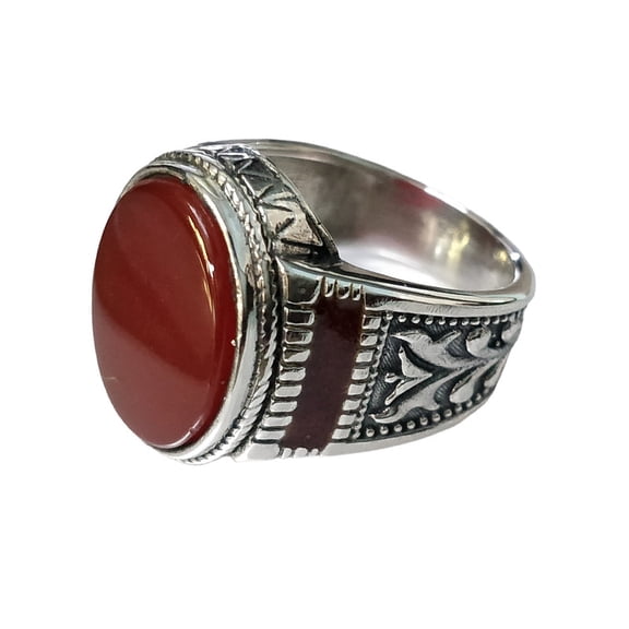 Silver Handmade Ring 925k Sterling Silver Enamal Red Oval Shape Carnelian GemStone Ring Men's Ring with Round Stones Outstanding Gift KCR043