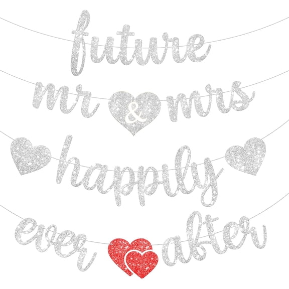 Silver Happily Ever After Banner - Pack of 4 | Silver Glitter Future Mr & Mrs Banner | Wedding Decorations for Reception| Silver Bridal Shower Decor | Silver Engagement Party Decorations