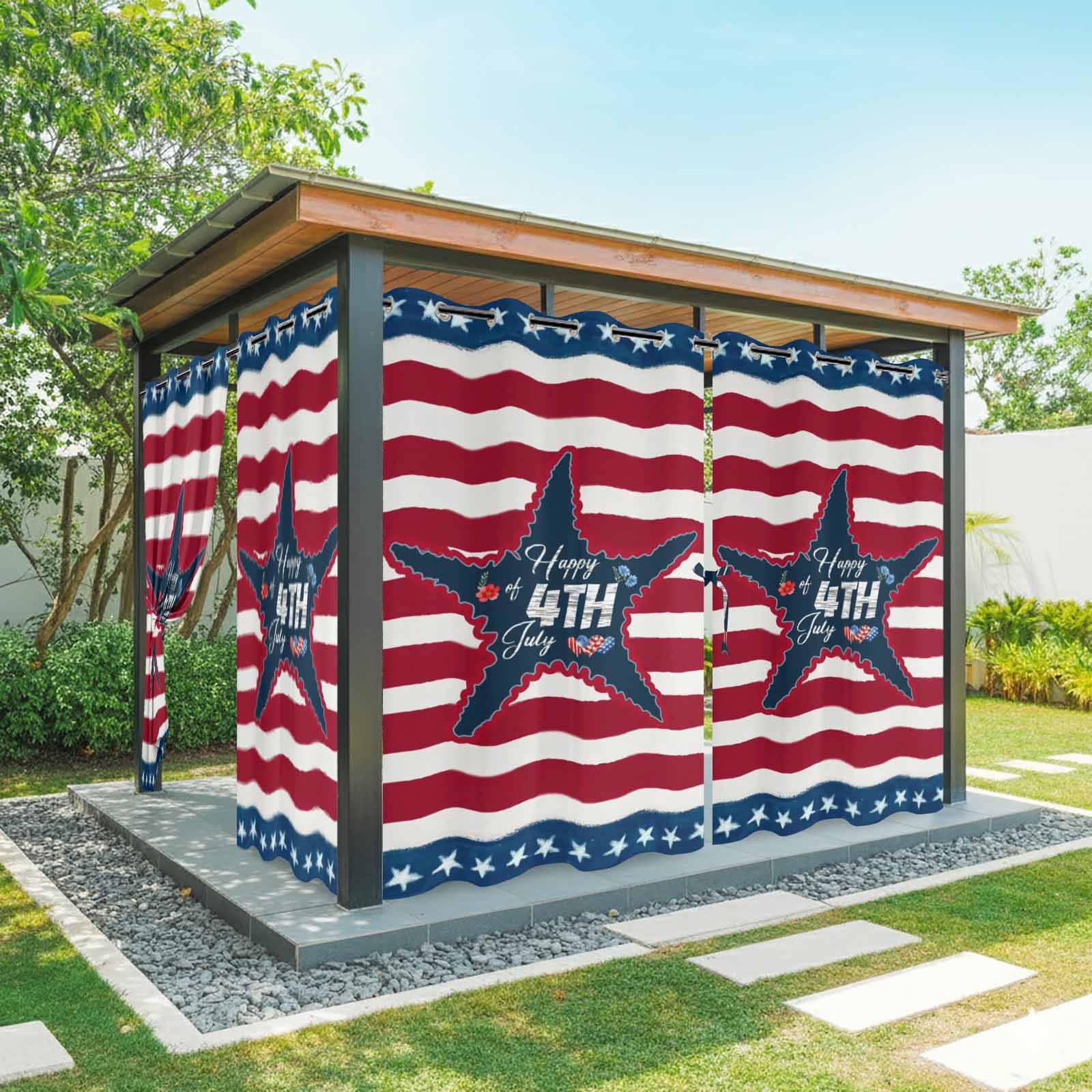 Silver Happy of 4th July Outdoor Curtains for Patio, Rustic Red Blue Star Stripes Sunshade Privacy Drapes Grommet Waterproof Outside Curtains for Porch/Cabana/Balcony 54"x 108", 1 Panel