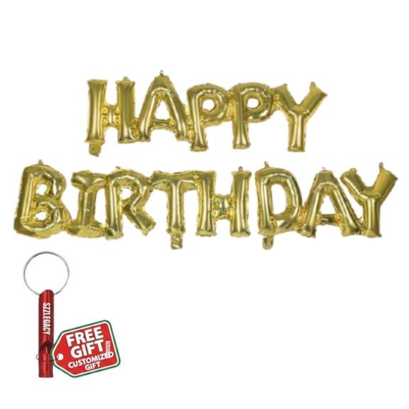 Silver Happy B-Day Foil Balloon, 30 Inch Script Letter Banner, Air-Fill Only + Bonus Customized Emergency Whistle