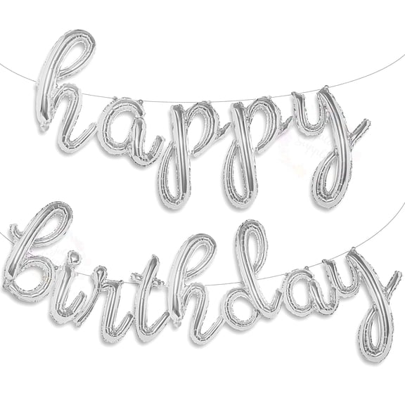 Silver Happy Birthday Balloons Banner | Script / Cursive Gold Letter Balloon Sign For Birthday Party Decor / Decoration | Foil Mylar Happy Birthday Banner (Silver)