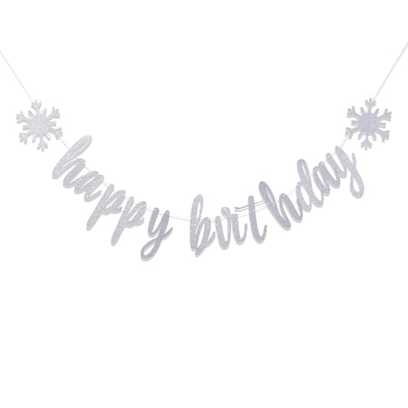 Silver Happy Birthday Banner - Snowflake Birthday Party Decoration, Glitter Bunting For Snowflake Birthday Party, Winter Wonderland Birthday Banner, Snowflake Happy Birthday Garland