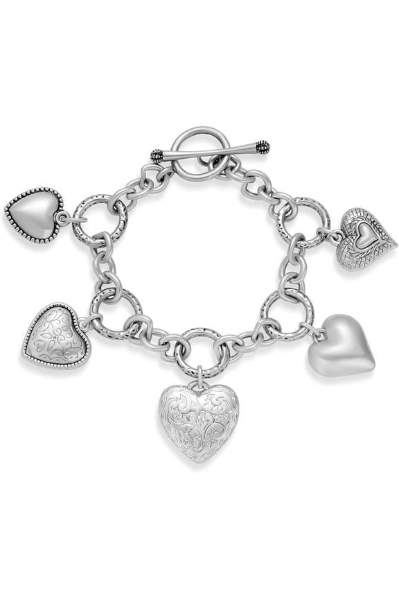 Silver Heart Bracelet for Women Puffy Chunky Hearts Bracelets Vintage Matte Silver Statement Bracelet with Engraved Heart Charms Toggle Bracelets