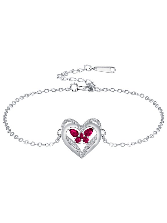 Silver Heart Butterfly Bracelet for Women, Ruby Cubic Zirconia Double Layer Heart Adjustable Thin Link Chain Bracelet, Jewelry Gift for Valentine's Day Birthday Anniversary