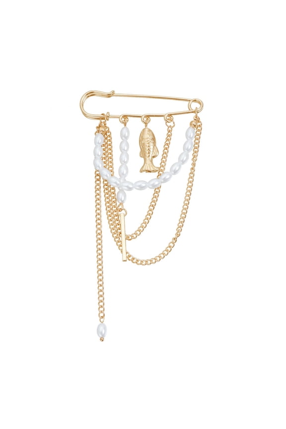 Silver Heart Chain Safety Pin Brooch - Punk Layered Jewelry for Blazer, Jacket, Bag Gold Pearl & Fish Charm Layered Safety Pin Brooch - Elegant Statement Jewelry