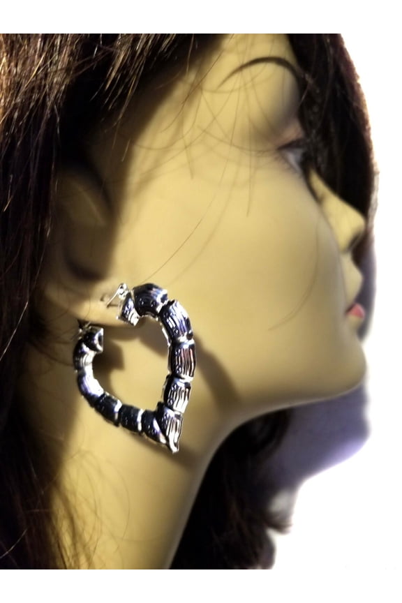 Silver Heart Earrings Bamboo Style 2 inch