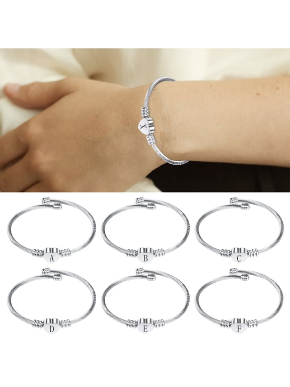 Silver Heart Initials Bracelet A-Z Letter Engraved Cuff Bracelets Titanium Steel Bangle Birthday Jewelry Gift for Women
