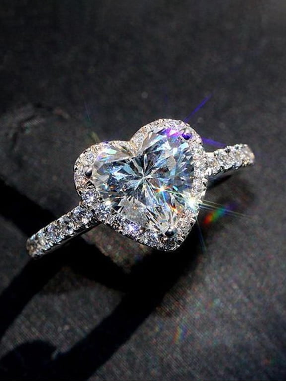 Silver Heart-Shaped Cubic Zirconia Ring For Women, Elegant Engagement Or Anniversary Gift
