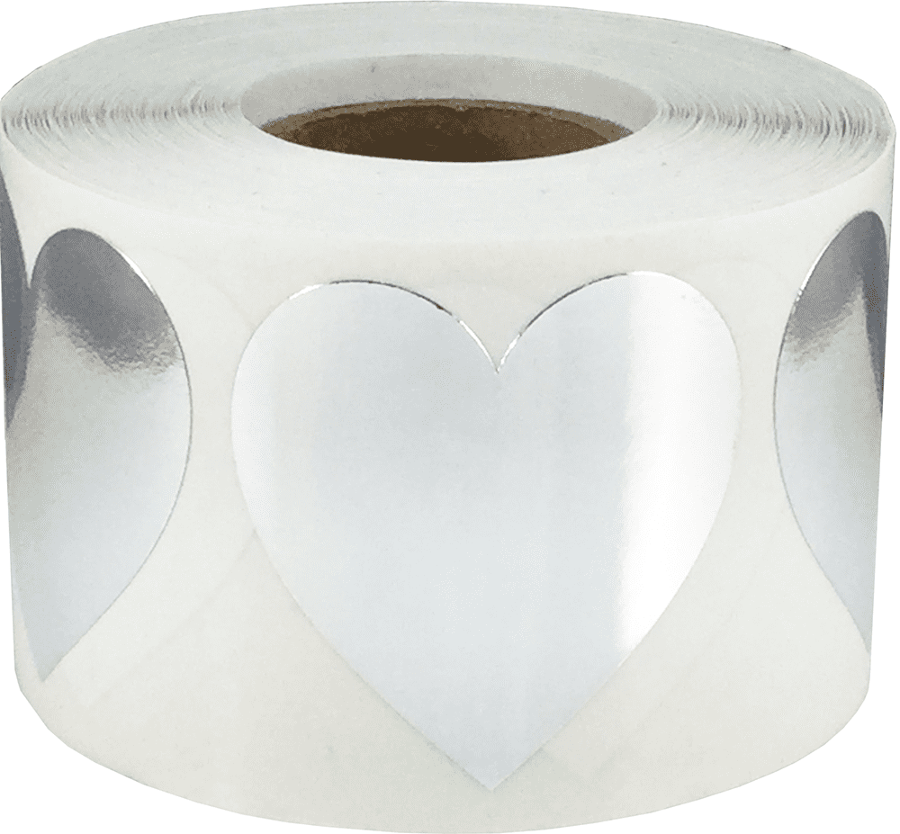 Silver Heart Stickers, 1.5 Inches in Size, 500 Labels on a Roll