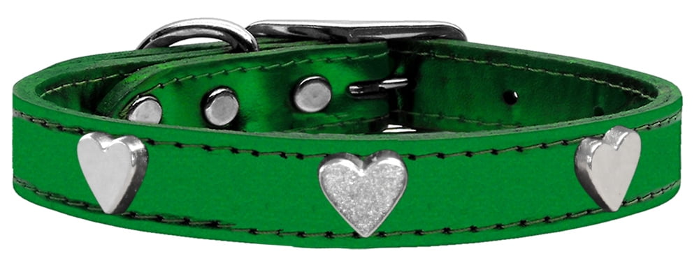 Silver Heart Widget Genuine Metallic Leather Dog Collar Emerald Green