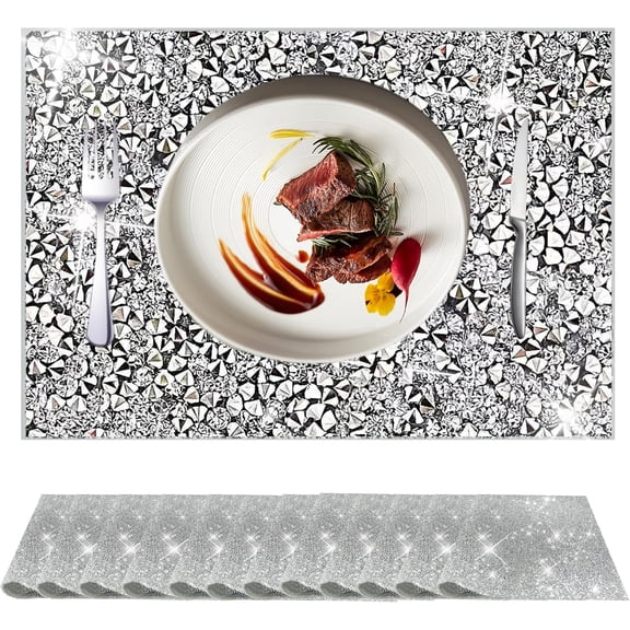 Silver Heat Resistant Square Placemats - Set of 12 with Rhinestone Decor and Sparkly Bling
