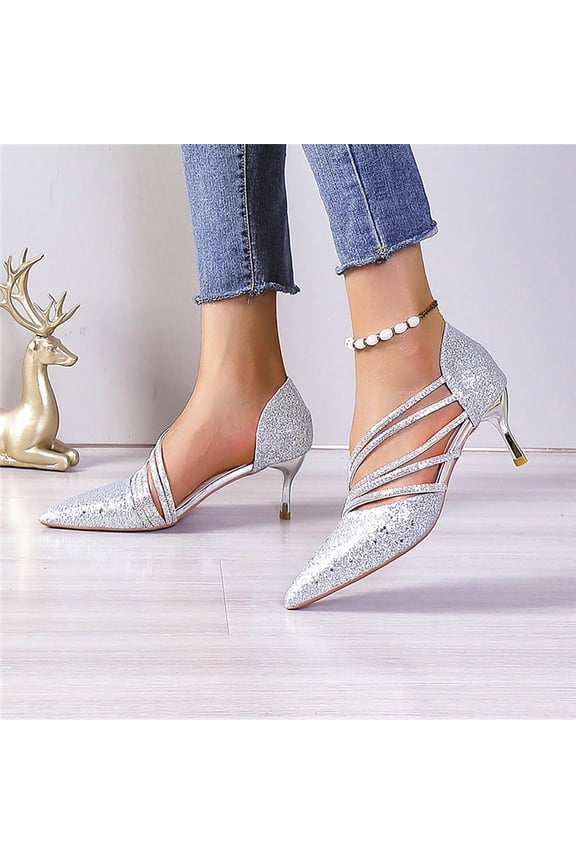 Silver Heels For Women High Heel Rhinestone Two Way Wear Wedding Dress Shoes Comfortable Slip On For Fall Summer Outdoor Leisure Size 41