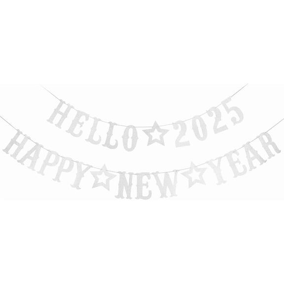 Silver Hello 2025 Happy New Year Banner for Party Decorations, New Years Eve Supplies