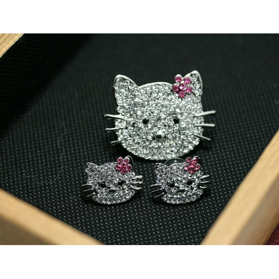 Silver Hello Kitty Rhinestone Brooch, Cat Pin with Pink Flower Kitty Bling, Crystal Hello Kitty Earrings