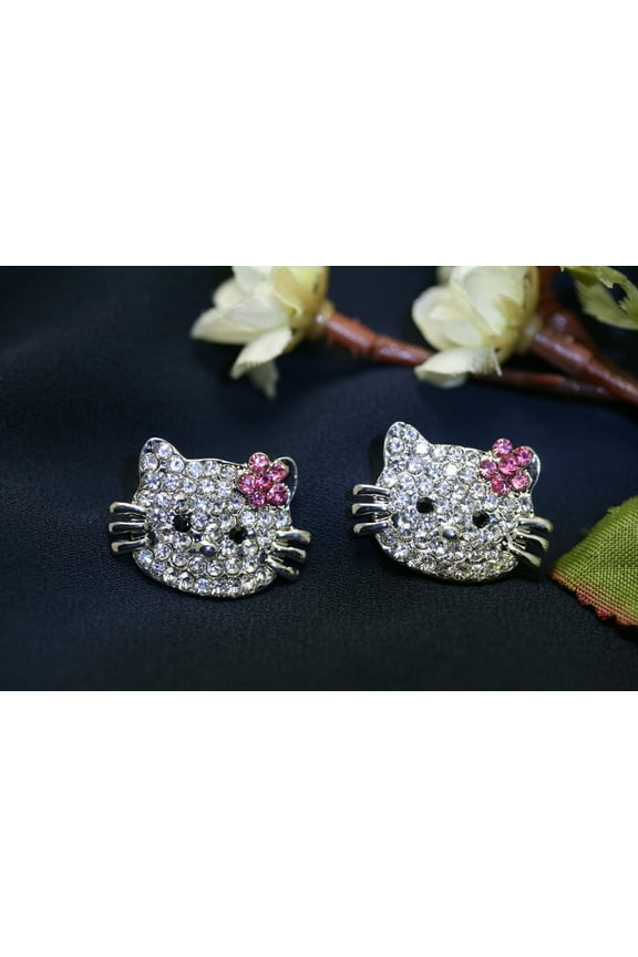 Silver Rhinestone Cat Earrings Crystal Hello Kitty Earrings