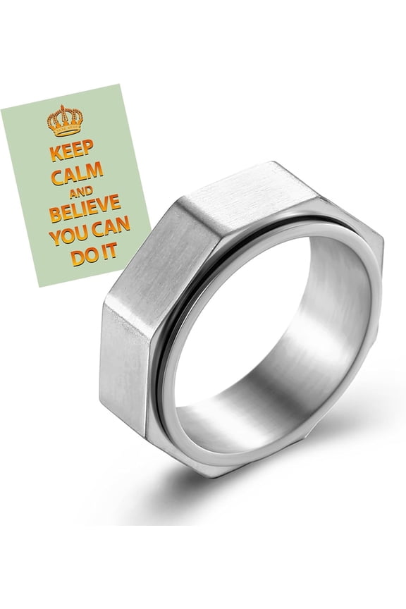 Silver Hexagon Ring for Men, 8MM Spinner Ring, Man's Fidget Ring Anxiety Ring