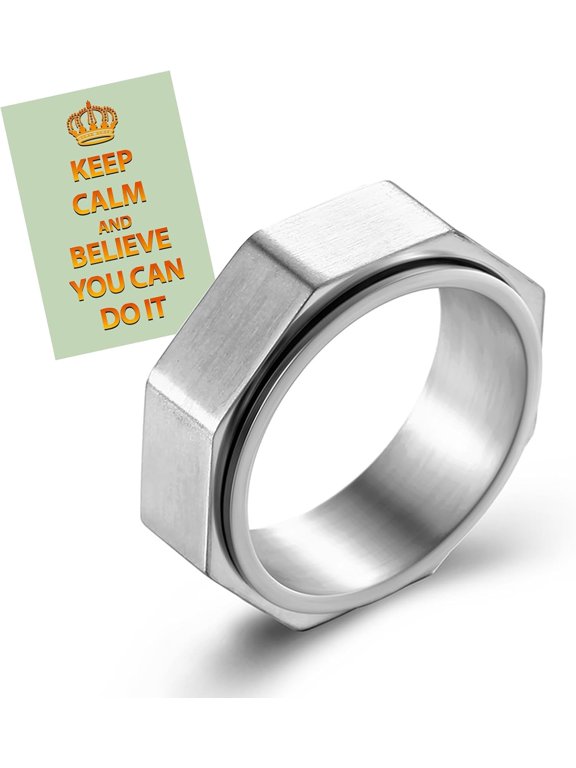 Silver Hexagon Ring for Men, 8MM Spinner Ring, Man's Fidget Ring Anxiety Ring